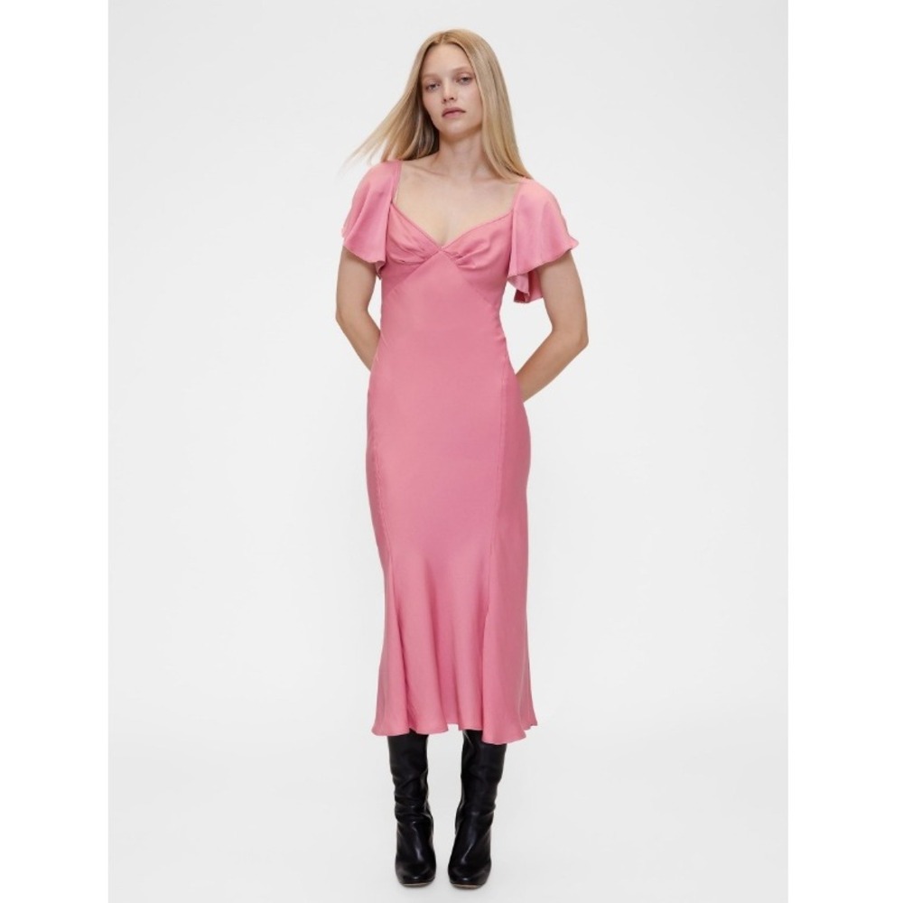 GapStudio Elle Pink Satin Sweetheart Neckline Midi Dress Flutter Sleeve Small